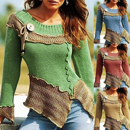 Patchwork long-sleeved turtleneck sweater