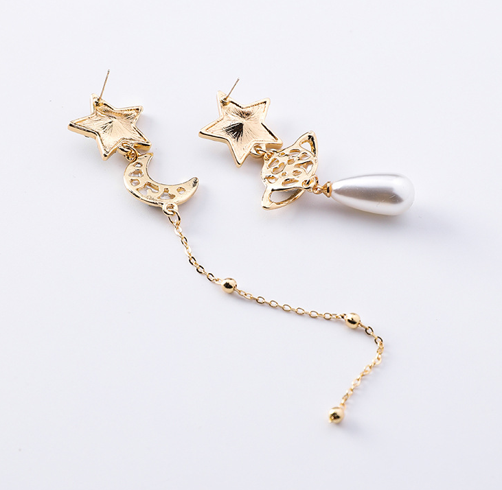 925 silver cosmic planet moon five-pointed star long chain earrings