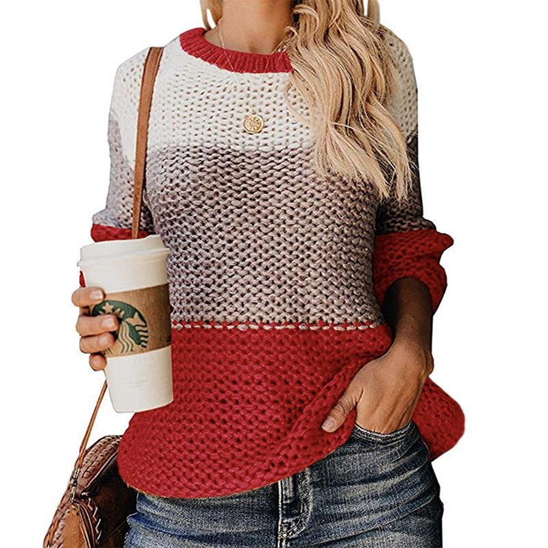 Thick line color matching pullover sweater women