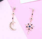 Star Moon Asymmetric S925 Silver Needle Drop Earrings