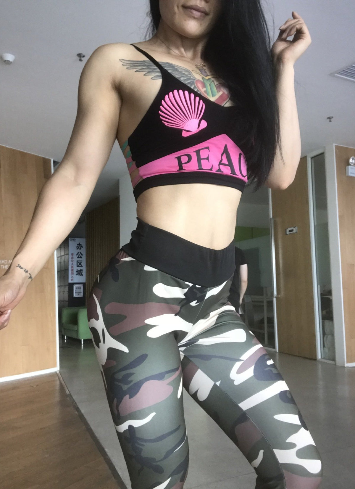 Hips high waist camouflage stitching slim yoga seven points bottoming pencil pants