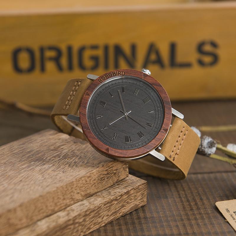 Bamboo wood leather belt men's watch
