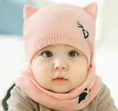 2Pcs/Set Warm Baby Hat Scarf Knitted Protect Ear Baby Boys Girls Hat Winter Beanie Scarves Suits Cartoon Cat Newborn Cap