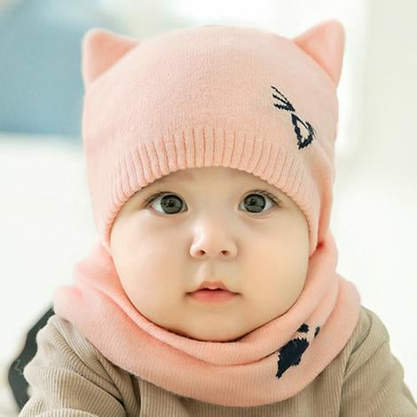 2Pcs/Set Warm Baby Hat Scarf Knitted Protect Ear Baby Boys Girls Hat Winter Beanie Scarves Suits Cartoon Cat Newborn Cap