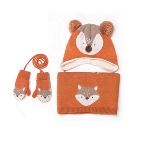 Autumn Winter Children Plus Velvet Hat Scarf Set Baby Lovely Cartoon Fox Print Knitted hat Kids Cap Collar Boy Girl Neck Warmer