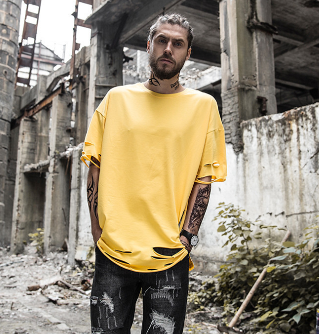 Hole short-sleeved t-shirt loose cotton