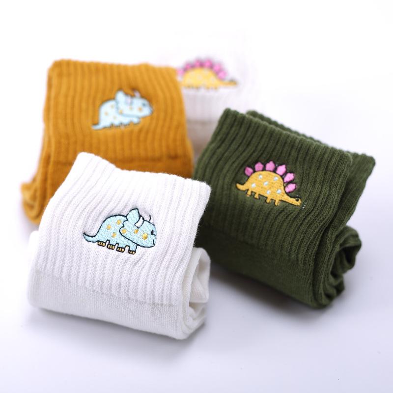 Cotton embroidered dinosaur ladies tube socks