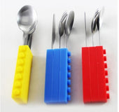 3PCS Creative bricks silicone stainless steel Portable Travel Kids Adult Cutlery Fork Picnic Set Gift for CHild Dinnerware