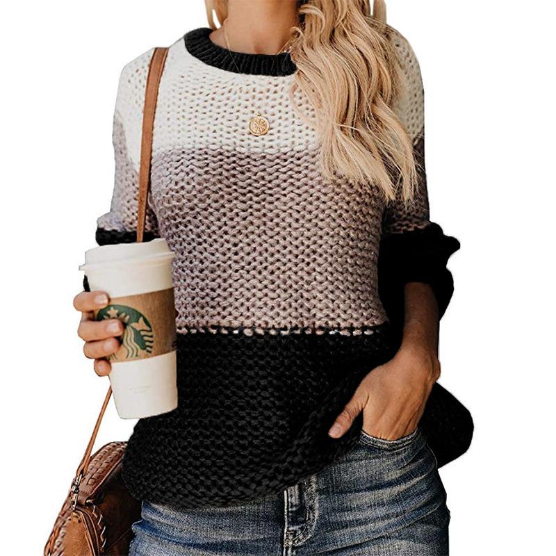 Thick line color matching pullover sweater women