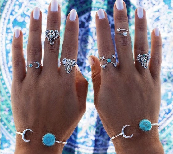 Anillo Conjunto Turquesa Luna Flecha Elefante