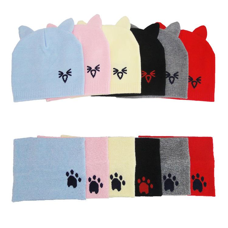 2Pcs/Set Warm Baby Hat Scarf Knitted Protect Ear Baby Boys Girls Hat Winter Beanie Scarves Suits Cartoon Cat Newborn Cap