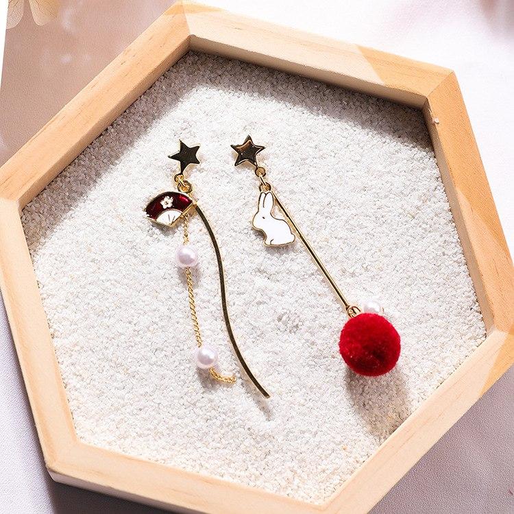 Sweet Cute Rabbit Hair Ball Asymmetric Earrings