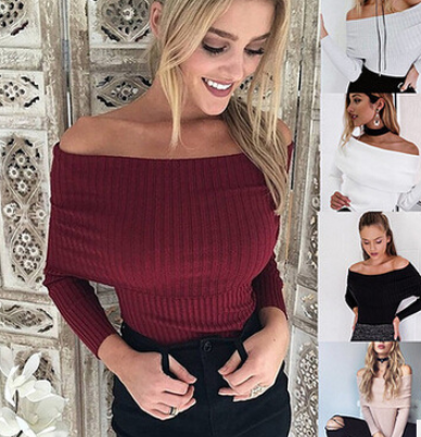 Sexy off-the-shoulder tight-fitting knit top women's