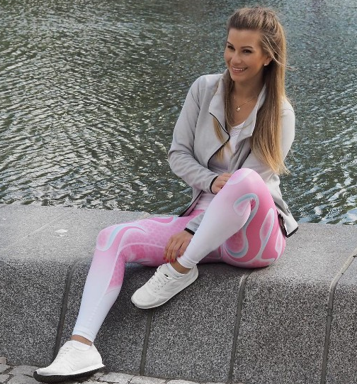 Leggings female four-needle six-line digital powder white color matching hip elastic high waist leggings