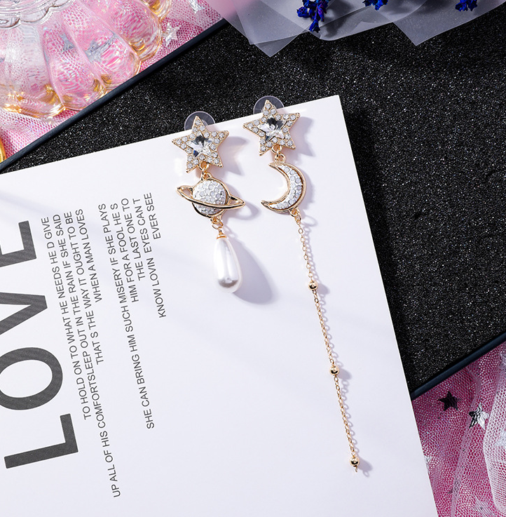 925 silver cosmic planet moon five-pointed star long chain earrings