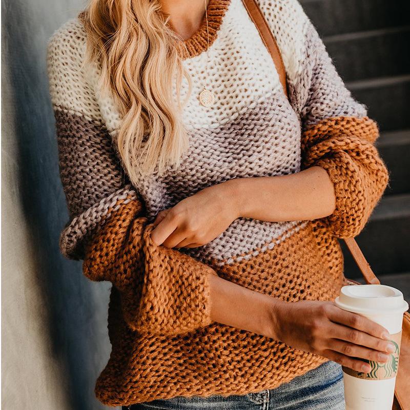 Thick line color matching pullover sweater women