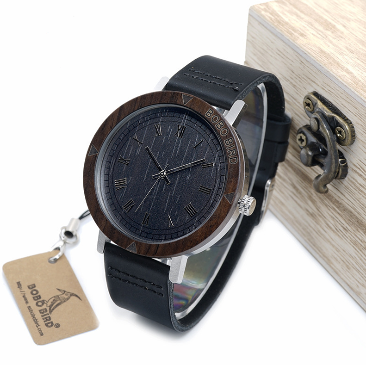 Bamboo wood leather belt men's watch