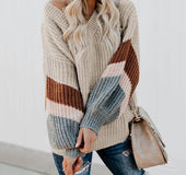 V-neck Lantern Sleeve Stripe Colorblock Sweater