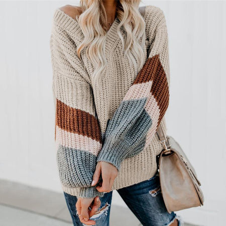 V-neck Lantern Sleeve Stripe Colorblock Sweater