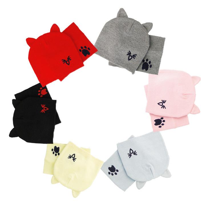2Pcs/Set Warm Baby Hat Scarf Knitted Protect Ear Baby Boys Girls Hat Winter Beanie Scarves Suits Cartoon Cat Newborn Cap
