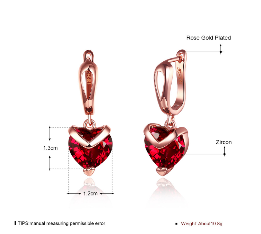 Heart-shaped zircon earrings Rose gold hypoallergenic earrings