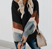 V-neck Lantern Sleeve Stripe Colorblock Sweater
