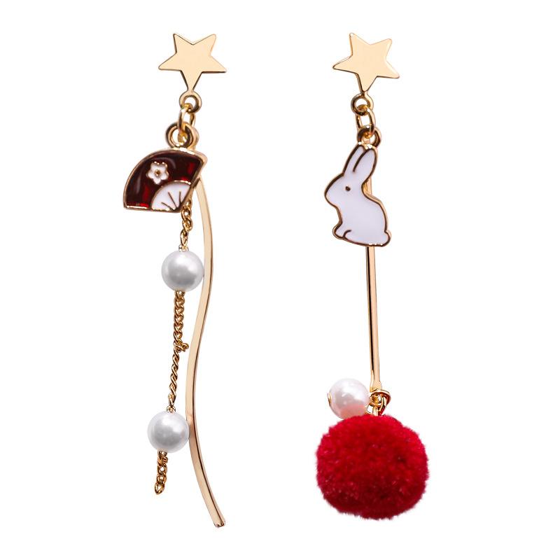 Sweet Cute Rabbit Hair Ball Asymmetric Earrings