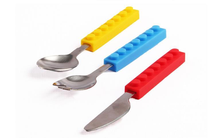 3PCS Creative bricks silicone stainless steel Portable Travel Kids Adult Cutlery Fork Picnic Set Gift for CHild Dinnerware