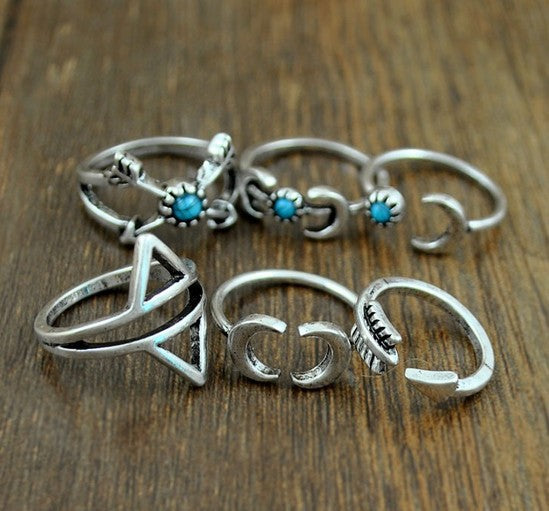 Anillo Conjunto Turquesa Luna Flecha Elefante