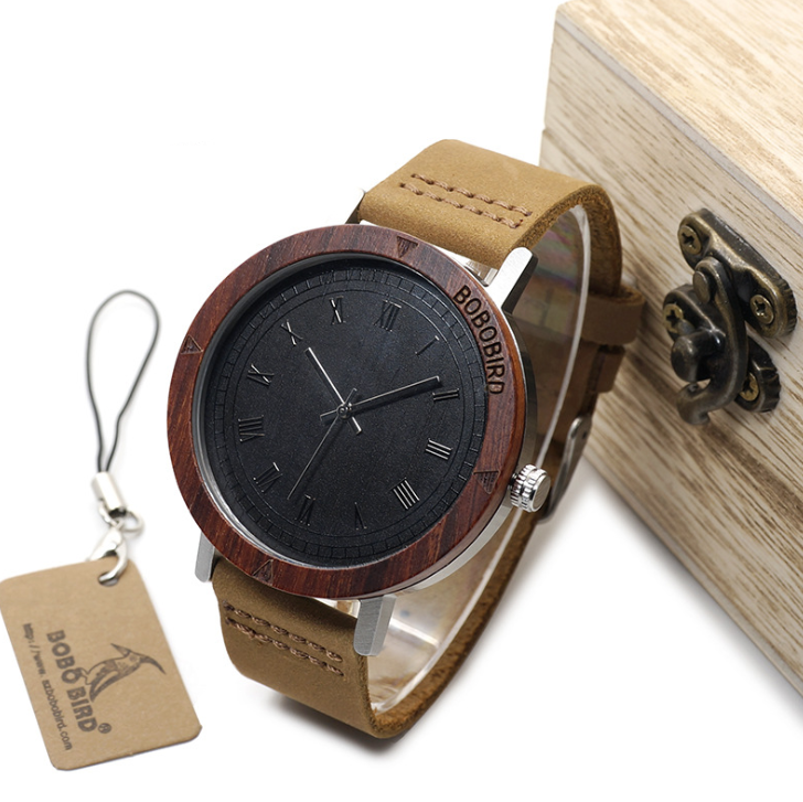 Bamboo wood leather belt men's watch