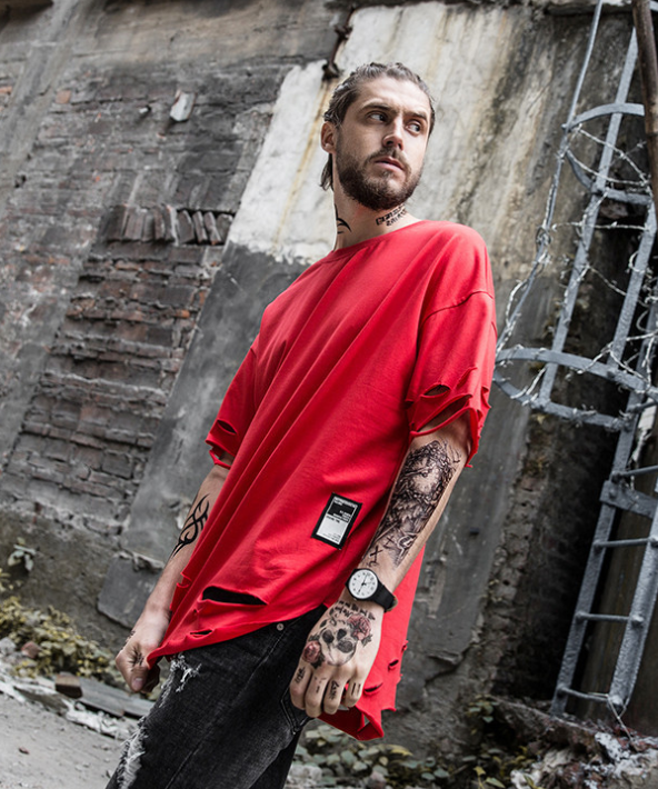 Hole short-sleeved t-shirt loose cotton
