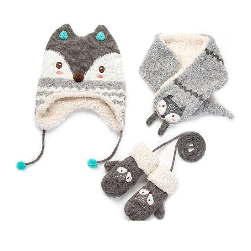 Autumn Winter Children Plus Velvet Hat Scarf Set Baby Lovely Cartoon Fox Print Knitted hat Kids Cap Collar Boy Girl Neck Warmer
