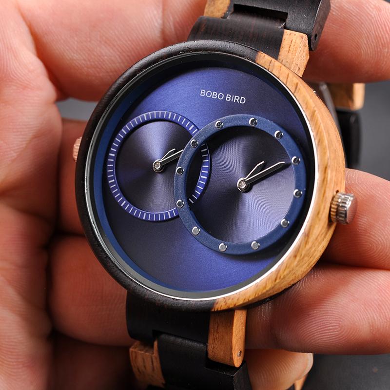 Thin Men Watch Wood Watches 2 Time Zone Display