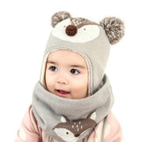Autumn Winter Children Plus Velvet Hat Scarf Set Baby Lovely Cartoon Fox Print Knitted hat Kids Cap Collar Boy Girl Neck Warmer