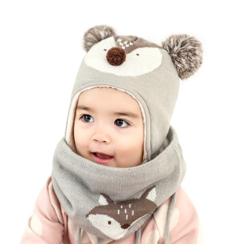 Autumn Winter Children Plus Velvet Hat Scarf Set Baby Lovely Cartoon Fox Print Knitted hat Kids Cap Collar Boy Girl Neck Warmer