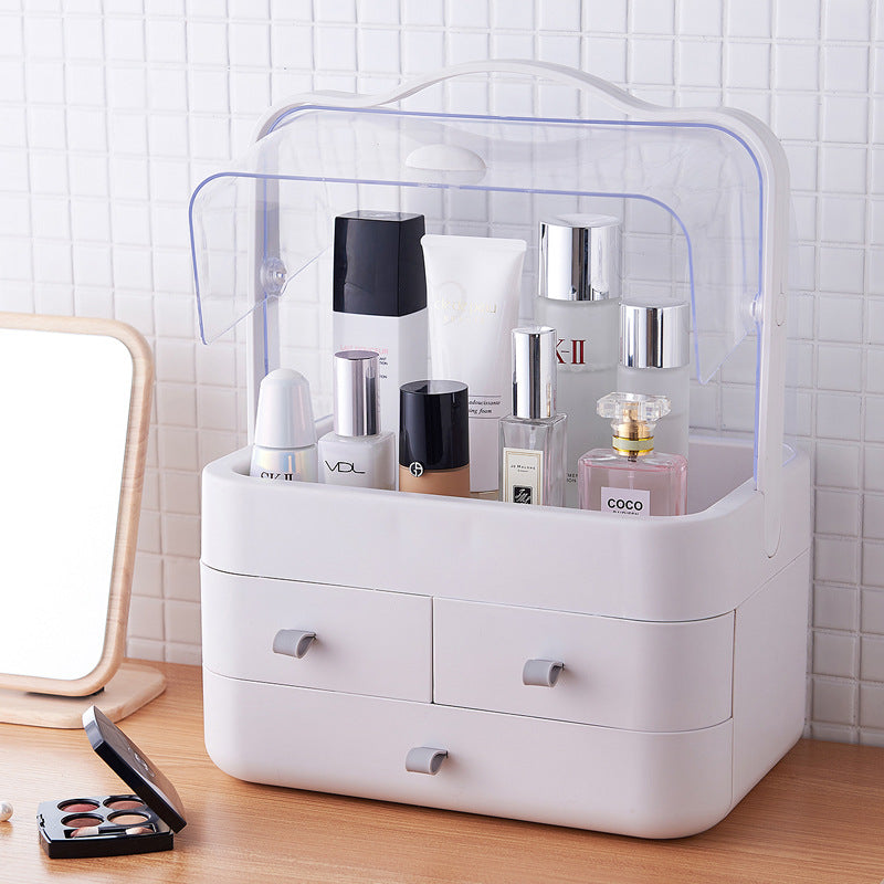 Caja de almacenamiento de maquillaje con cubierta de polvo de doble puerta