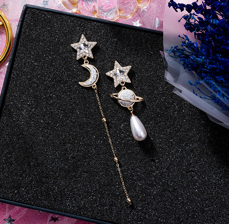 925 silver cosmic planet moon five-pointed star long chain earrings