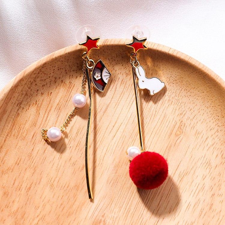 Sweet Cute Rabbit Hair Ball Asymmetric Earrings