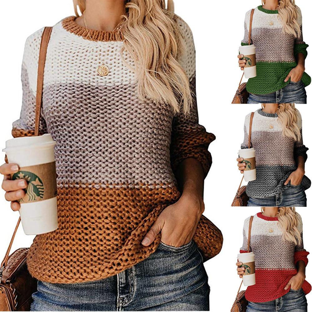 Thick line color matching pullover sweater women