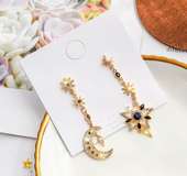 Star Moon Asymmetric S925 Silver Needle Drop Earrings
