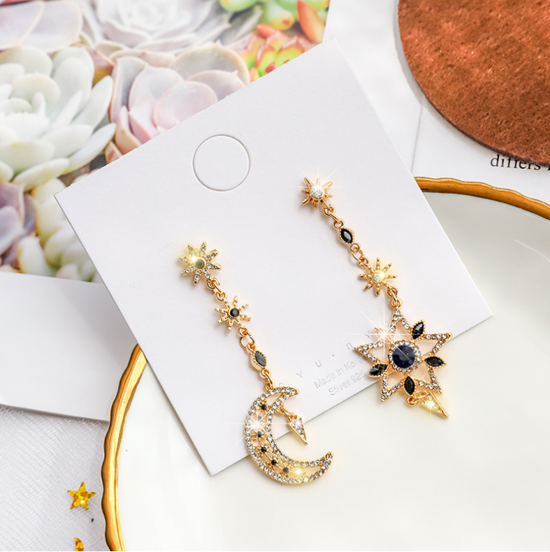 Star Moon Asymmetric S925 Silver Needle Drop Earrings