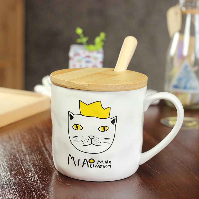 Cute cat ceramic cup Creative cartoon embossed mug Korean student cup with lid spoon