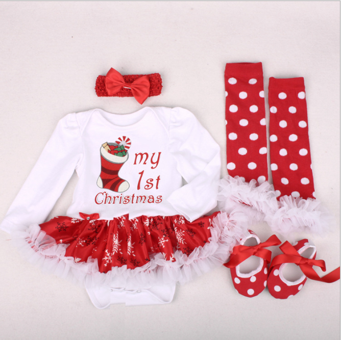 New long sleeved dress with four-piece new baby shoes and dresses for Christmas