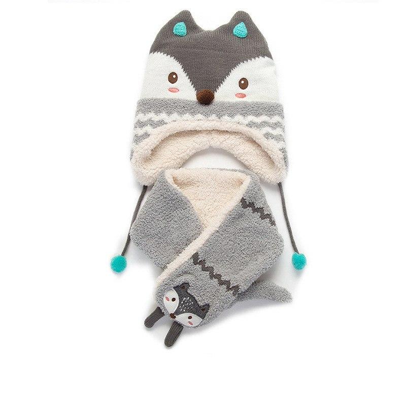 Autumn Winter Children Plus Velvet Hat Scarf Set Baby Lovely Cartoon Fox Print Knitted hat Kids Cap Collar Boy Girl Neck Warmer