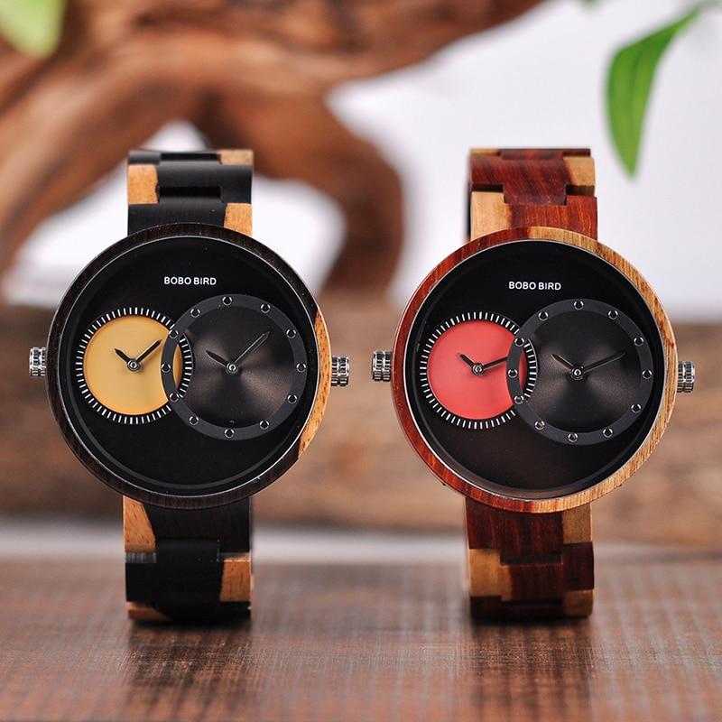 Thin Men Watch Wood Watches 2 Time Zone Display