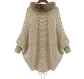 Autumn wear loose wild large size women's autumn and winter fur collar sweater cardigan sweater coat bat sleeve cloak shawl