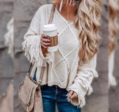 Europe and the United States new sweater round neck long-sleeved tassel solid color sweater shirt women