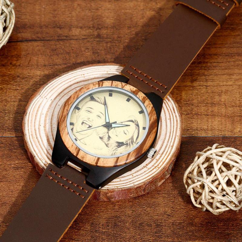Wooden Photo Watch Brown Leather Strap
