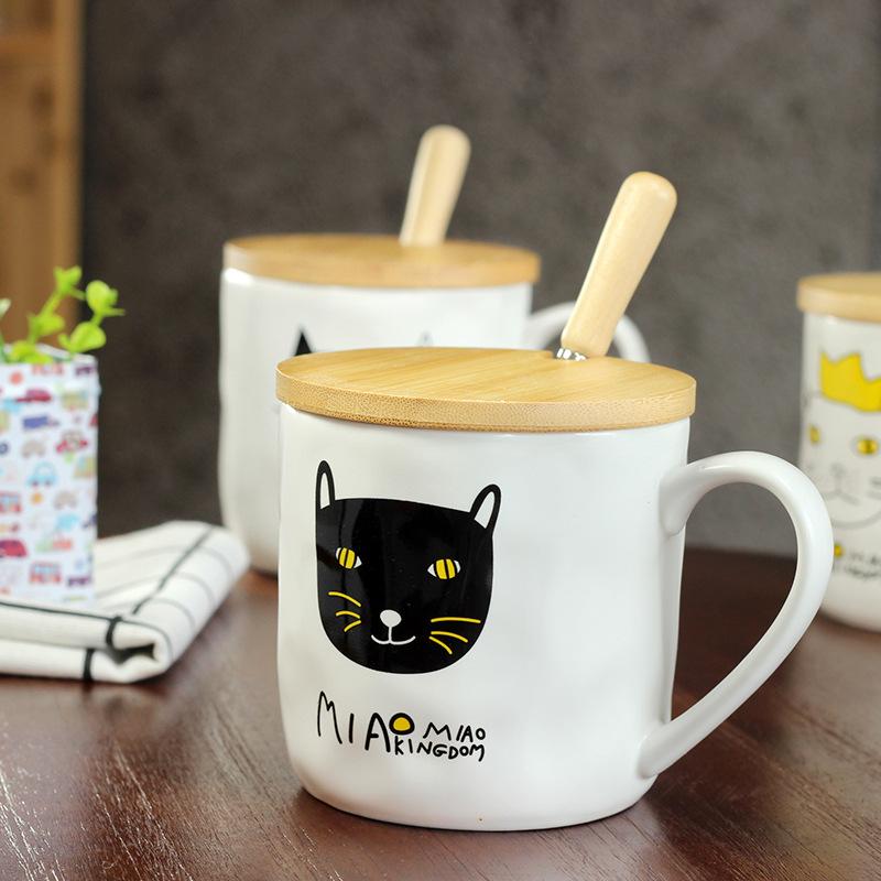Cute cat ceramic cup Creative cartoon embossed mug Korean student cup with lid spoon