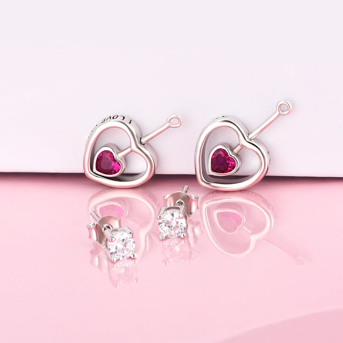 925 Silver Rose Red Heart Shape Earrings